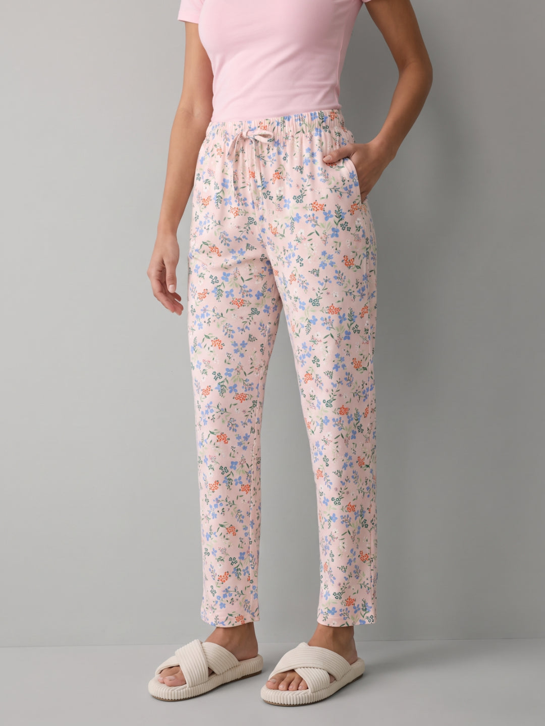 Pink Cotton Knit Printed Lounge Pants