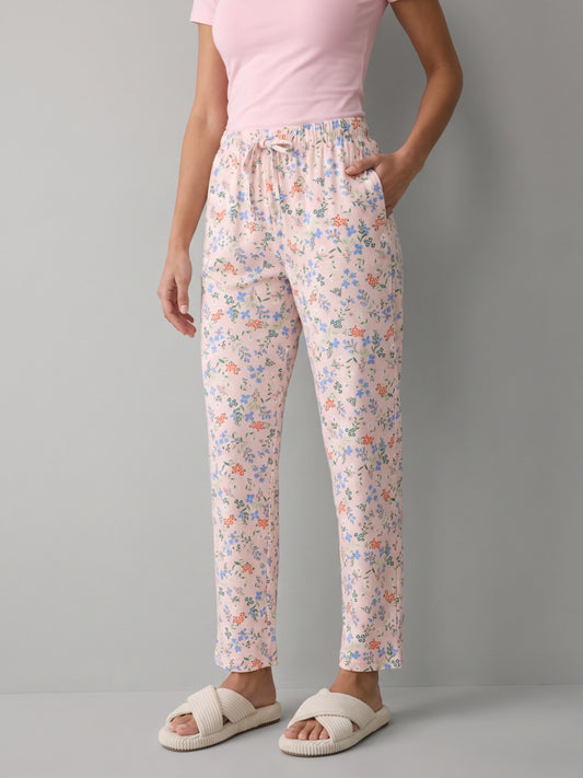 Pink Cotton Knit Printed Lounge Pants
