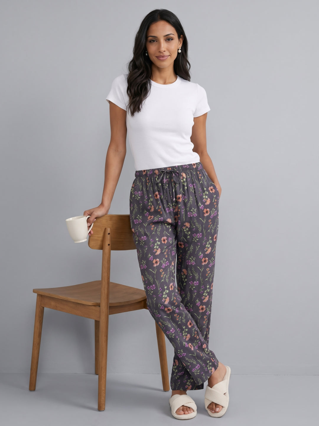 Grey Woven Viscose Printed Lounge Pants