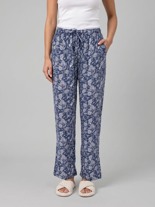 Navy Woven Viscose Printed Lounge Pants
