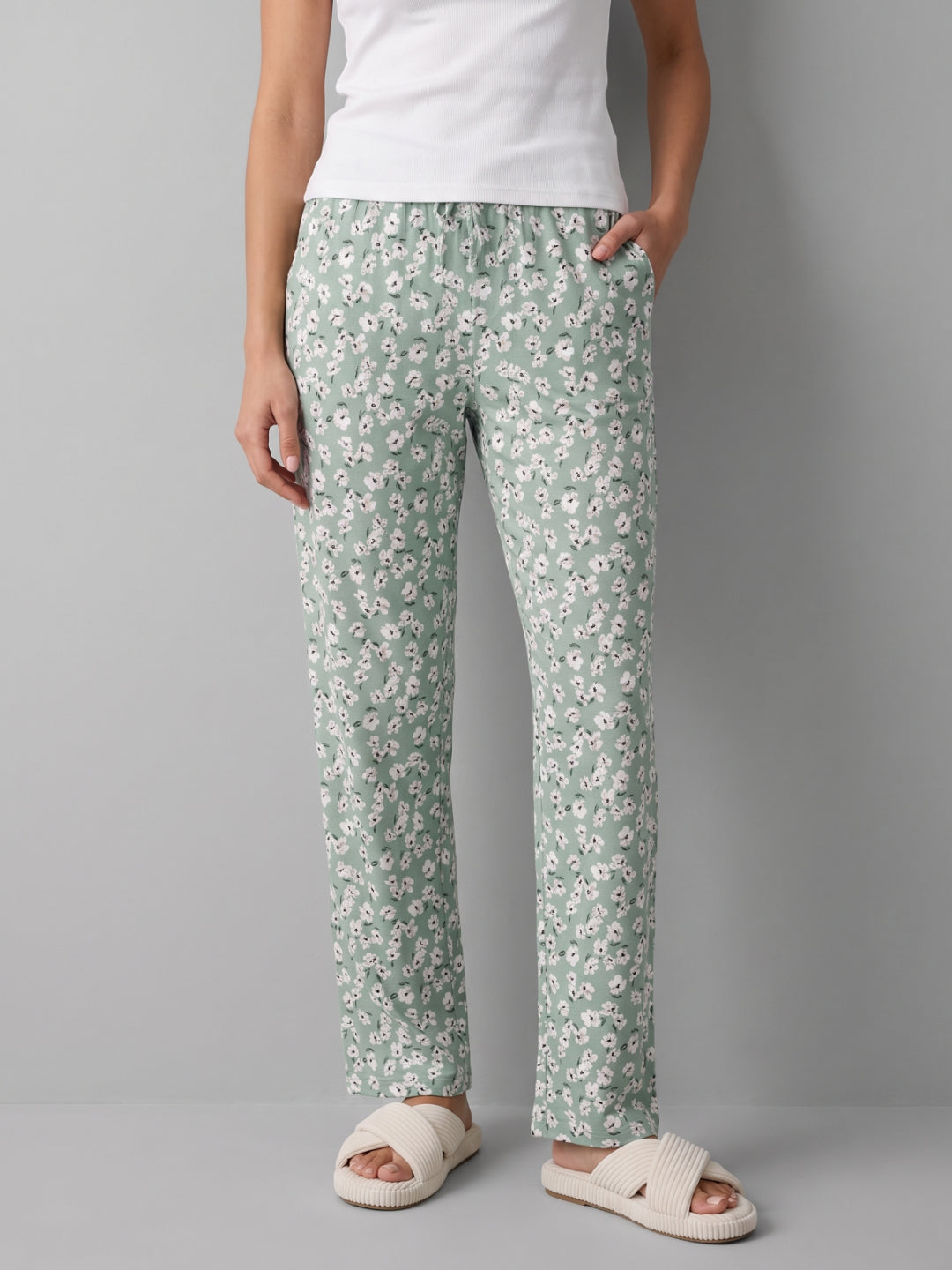 Green Cotton Knit Printed Lounge Pants
