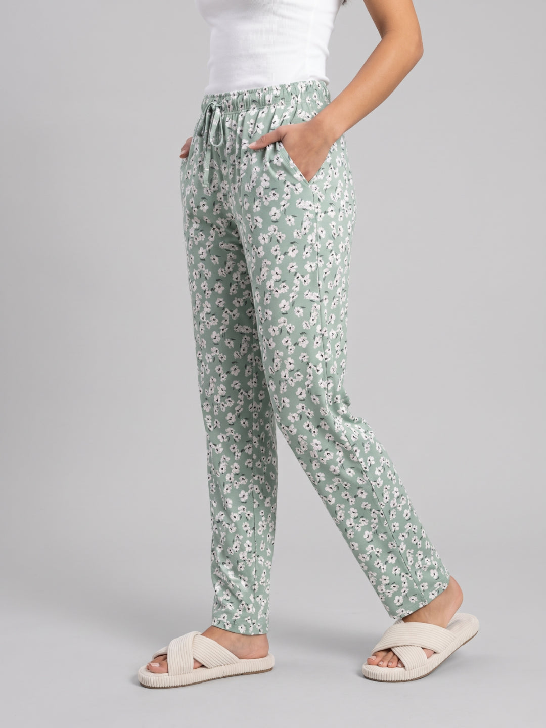 Green Cotton Knit Printed Lounge Pants