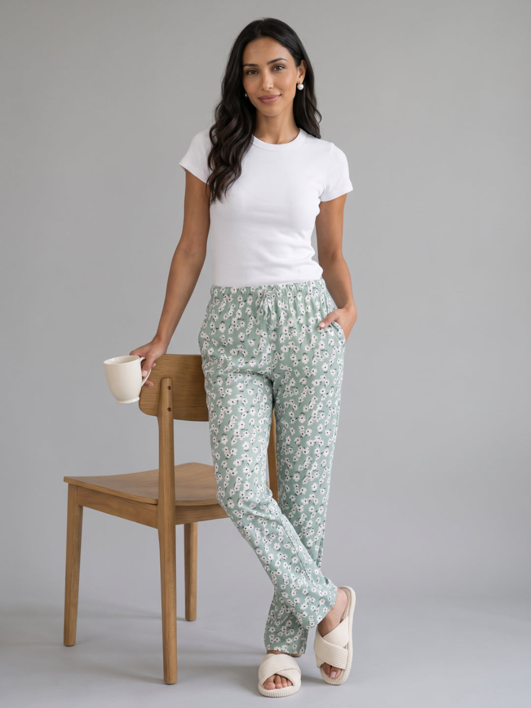 Green Cotton Knit Printed Lounge Pants