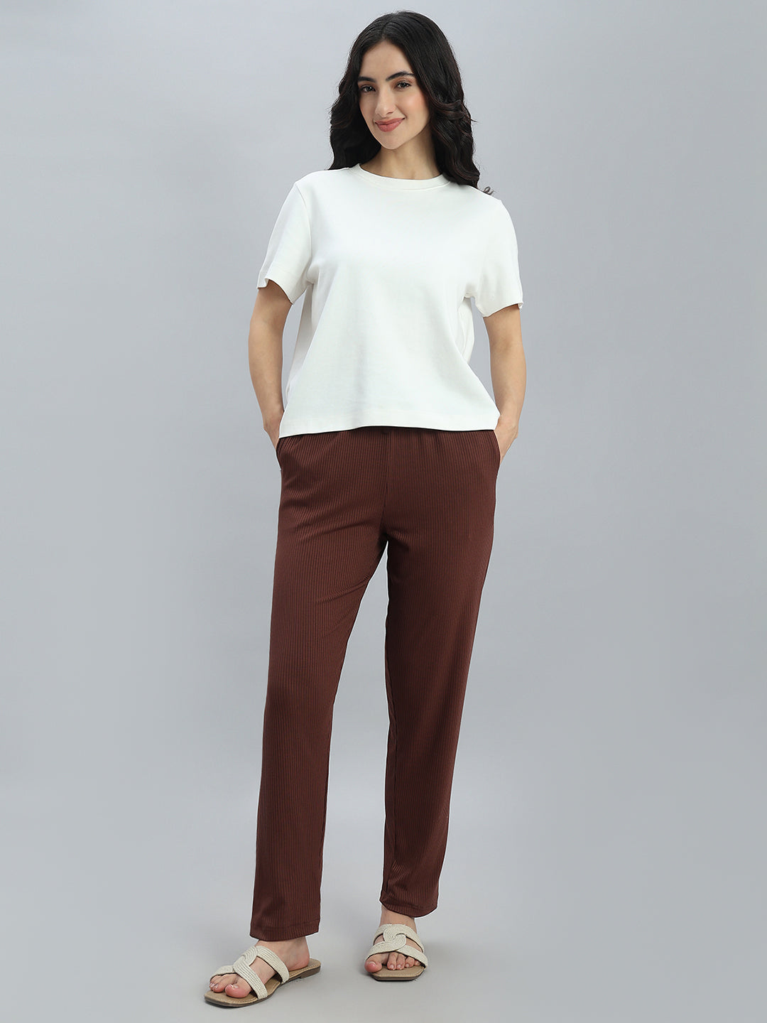Brown Drop Needle Fabric Casual Rib Pant