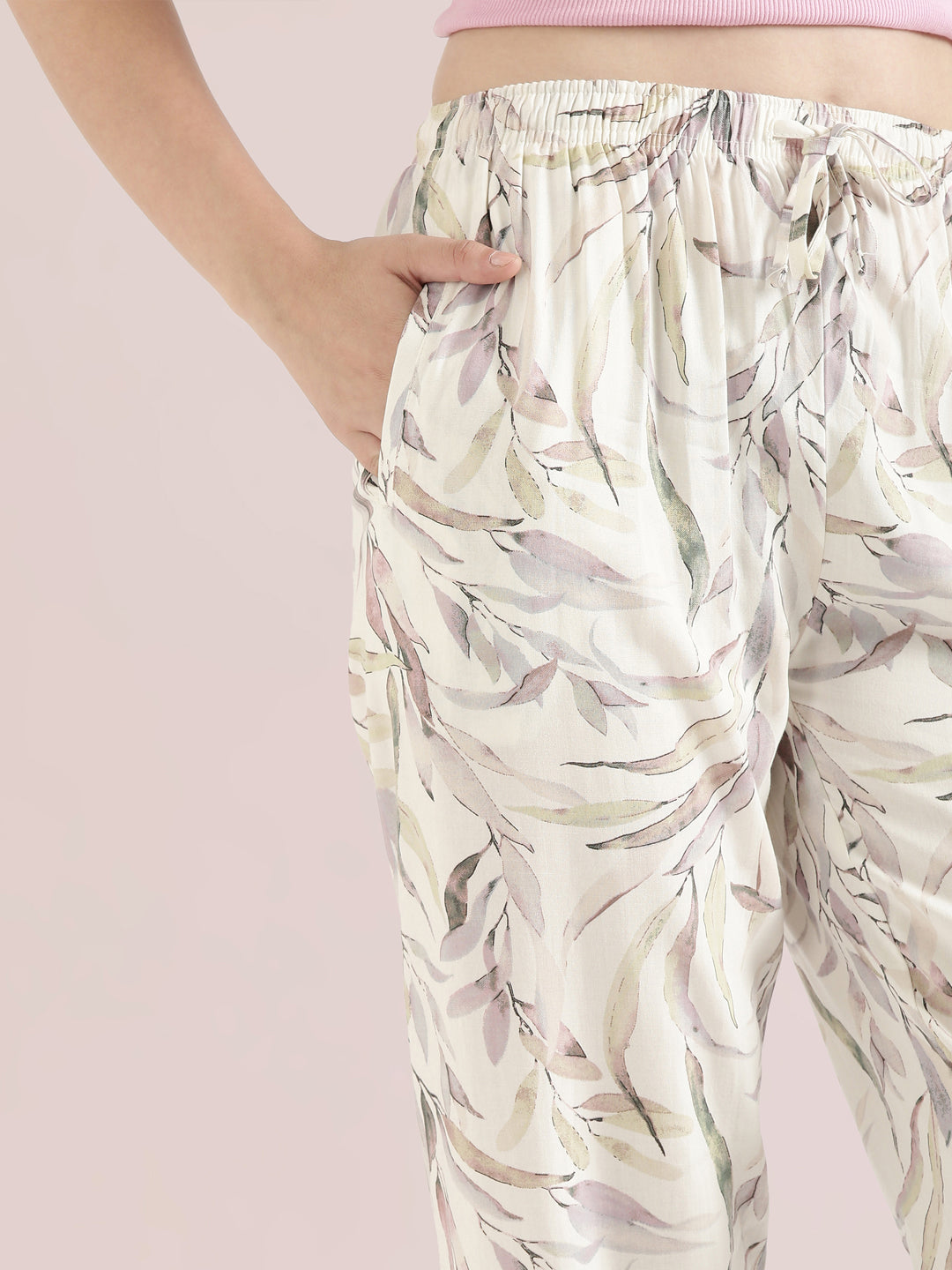 White Woven Viscose Printed Lounge Pants