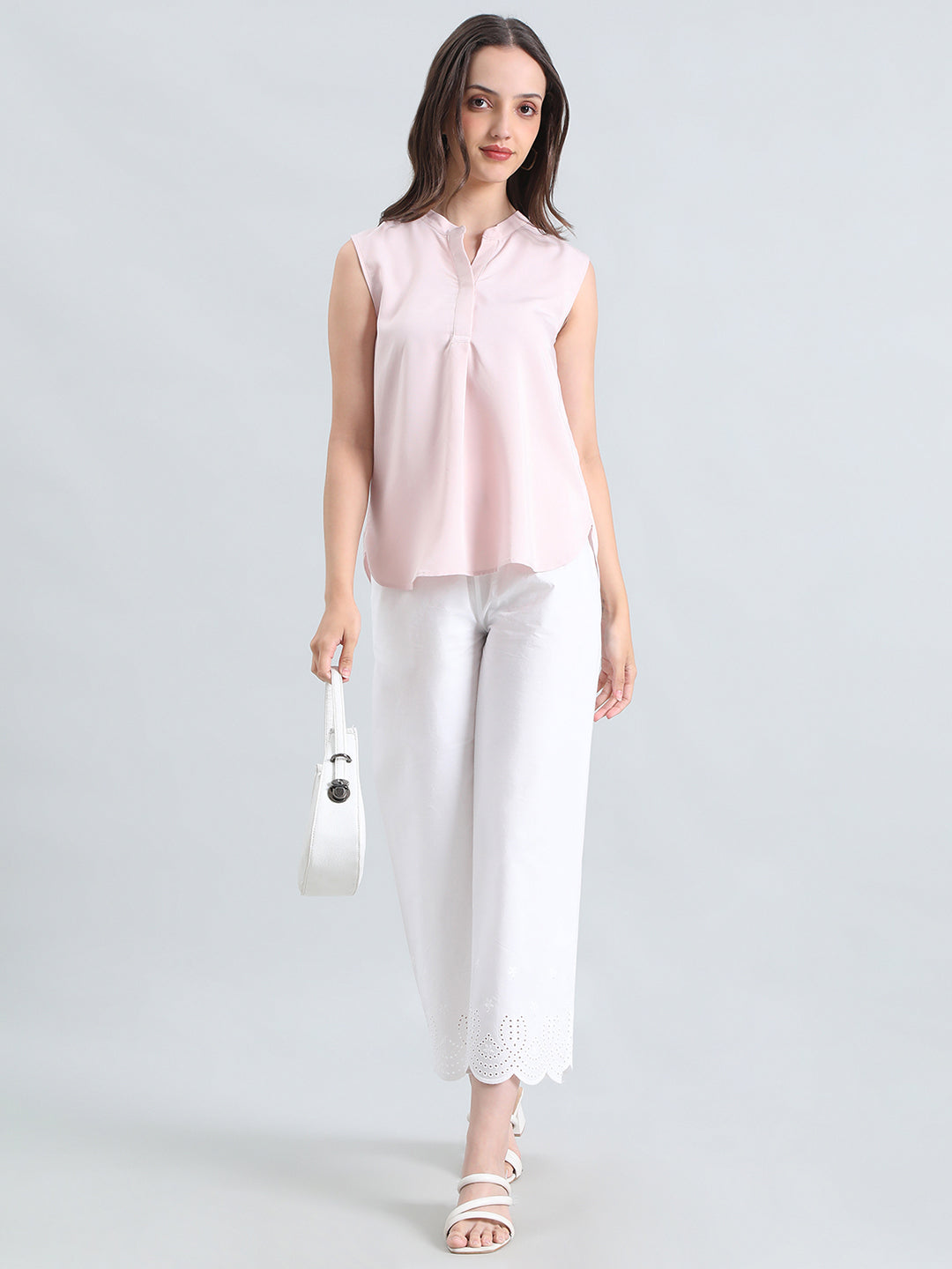 Rayon Mandarin Collar Sleeveless Top