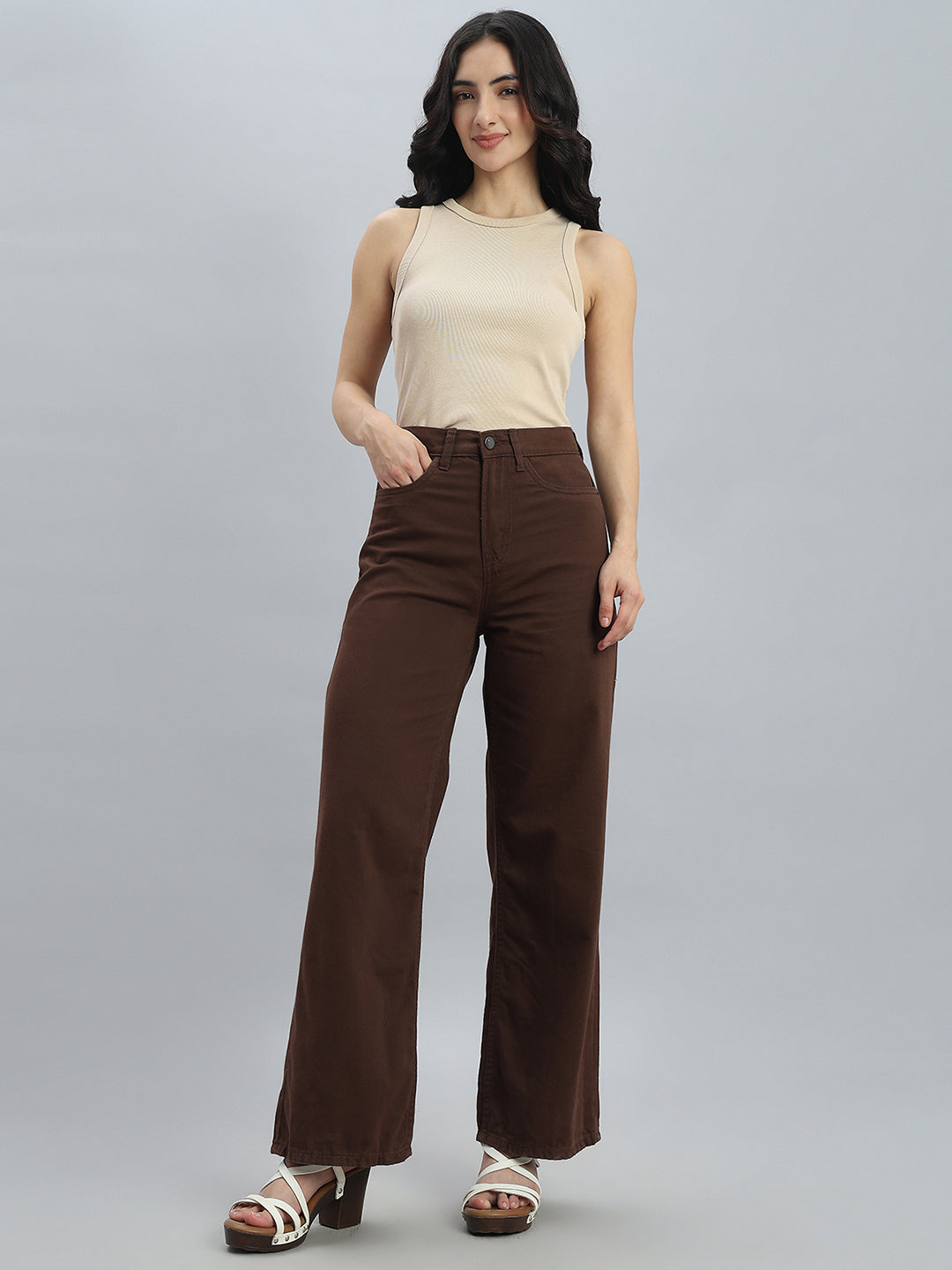 Dark Brown Twill Wide Pants