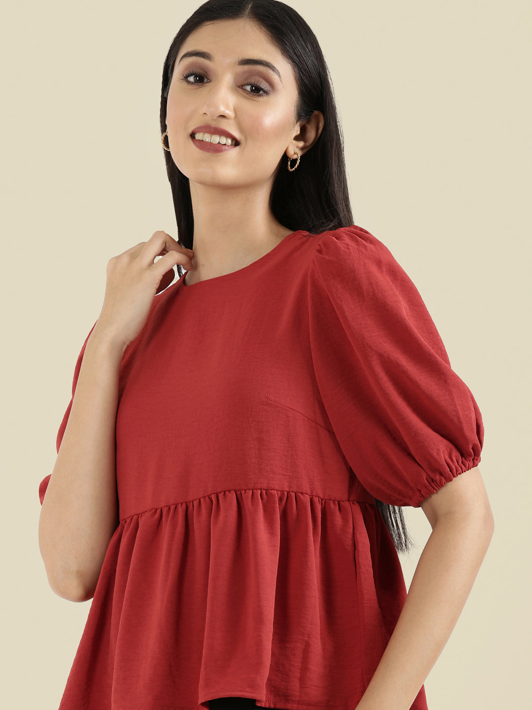 Hammered Crew Neck Peplum Top