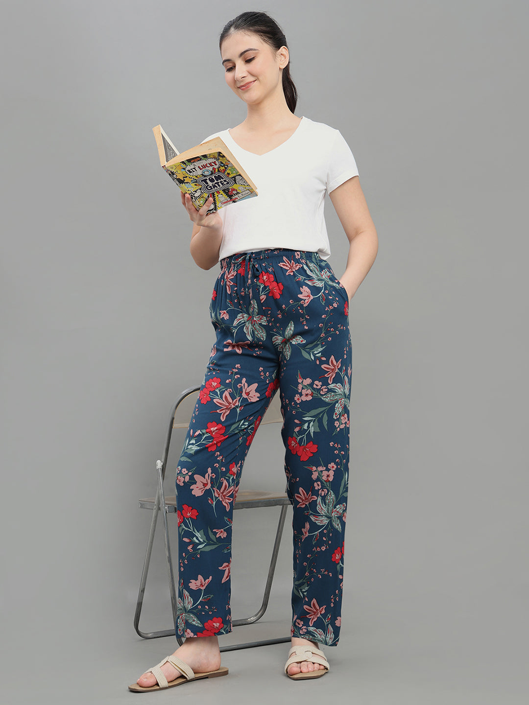 Navy Woven Viscose Printed Lounge Pants