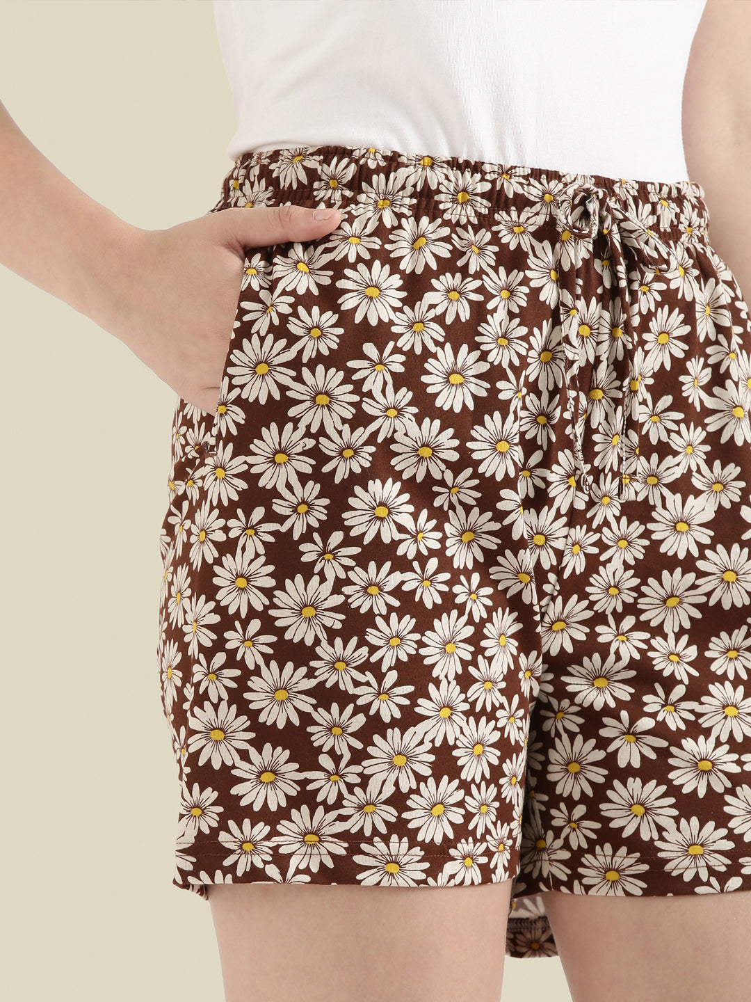 Brown Cotton Knit Printed Lounge Shorts