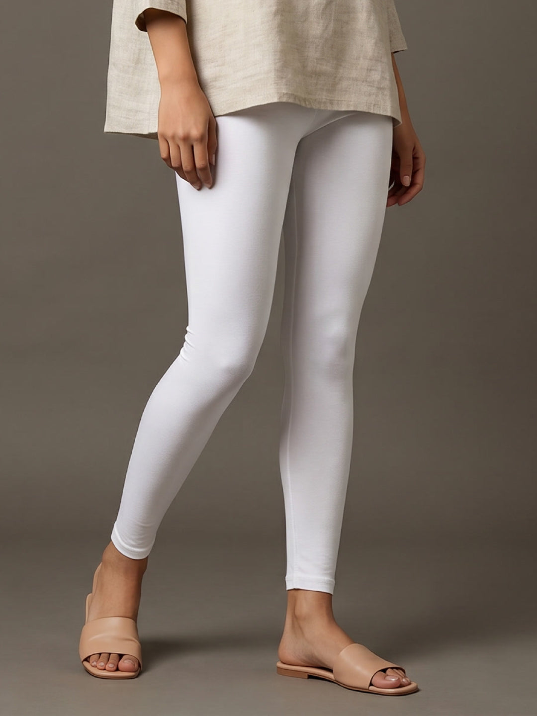 White Cotton Stretch Ankle Length Leggings
