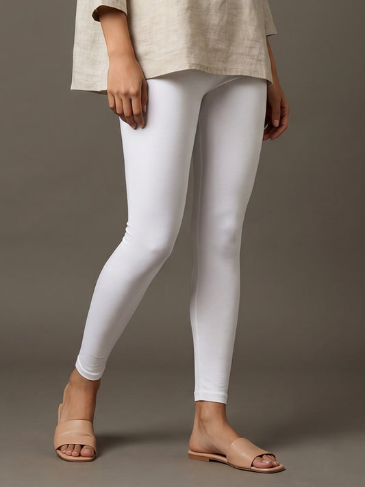 White Cotton Stretch Ankle Length Leggings