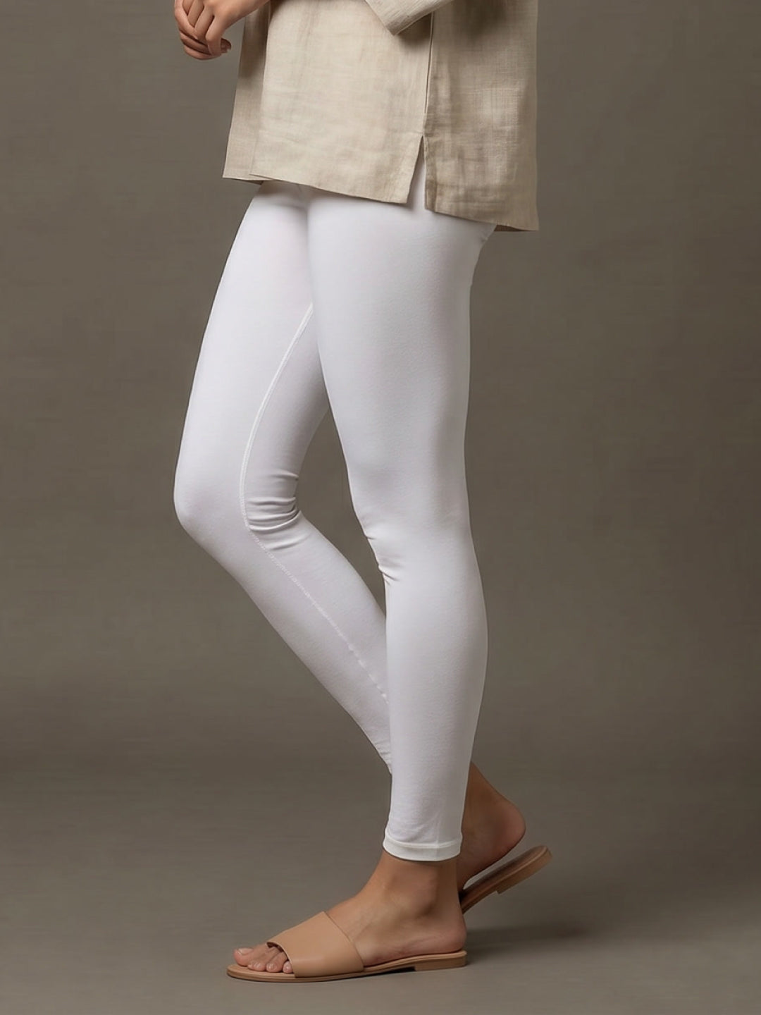 White Cotton Stretch Ankle Length Leggings