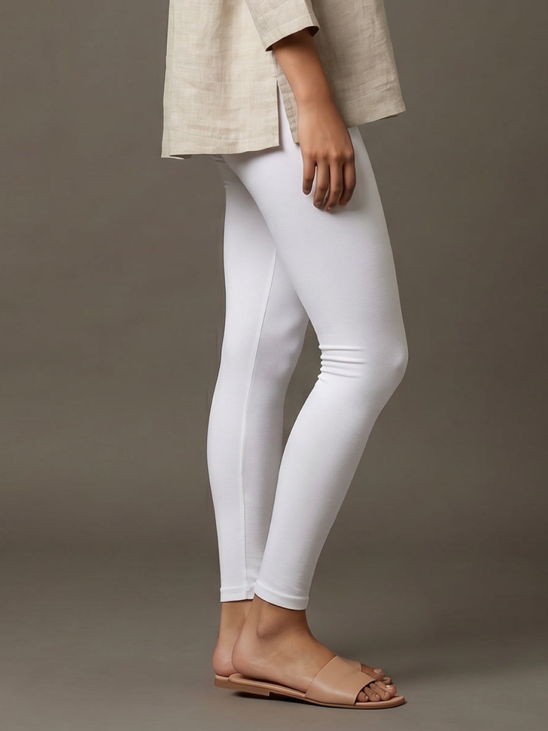 White Cotton Stretch Ankle Length Leggings