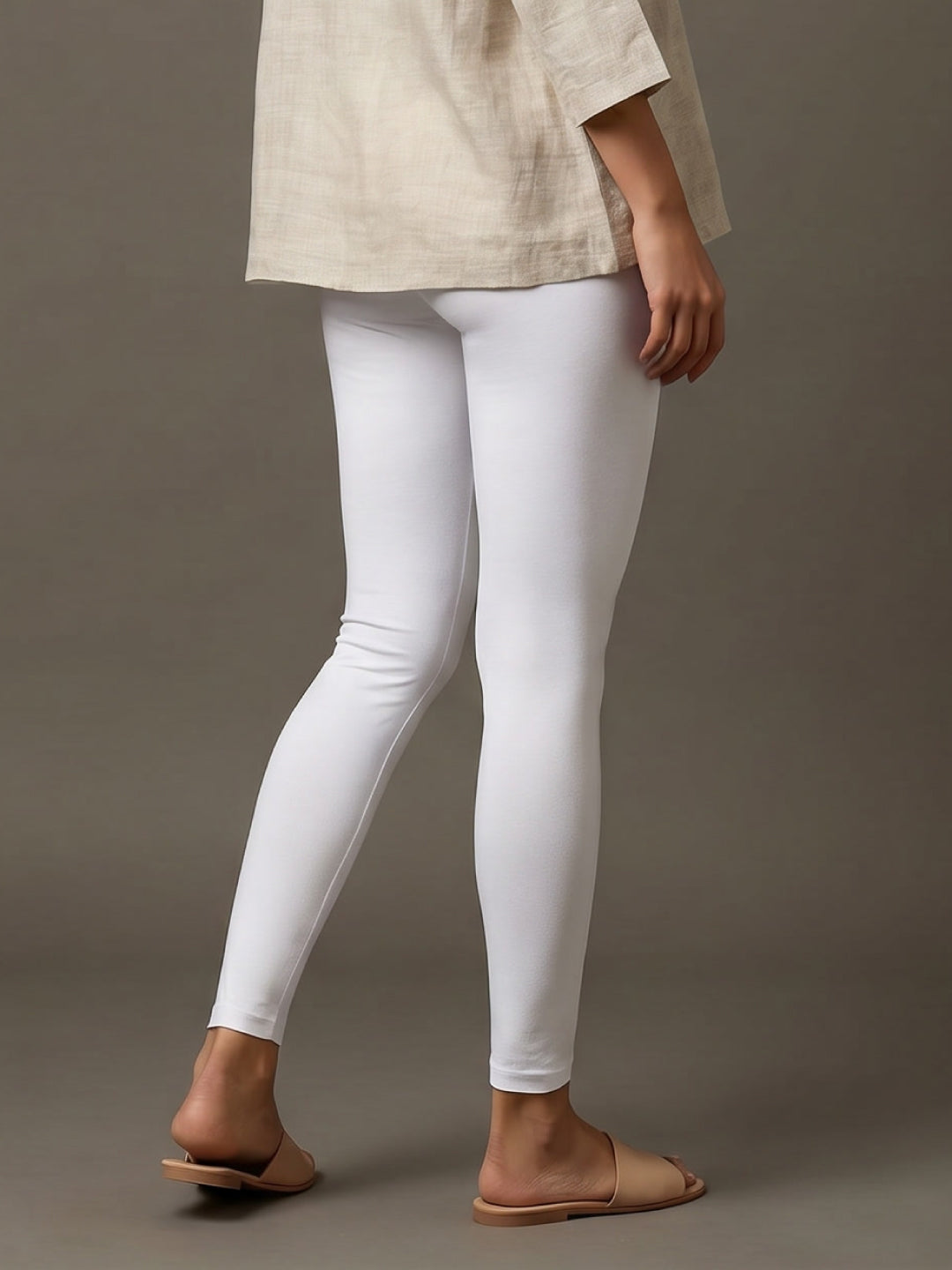 White Cotton Stretch Ankle Length Leggings