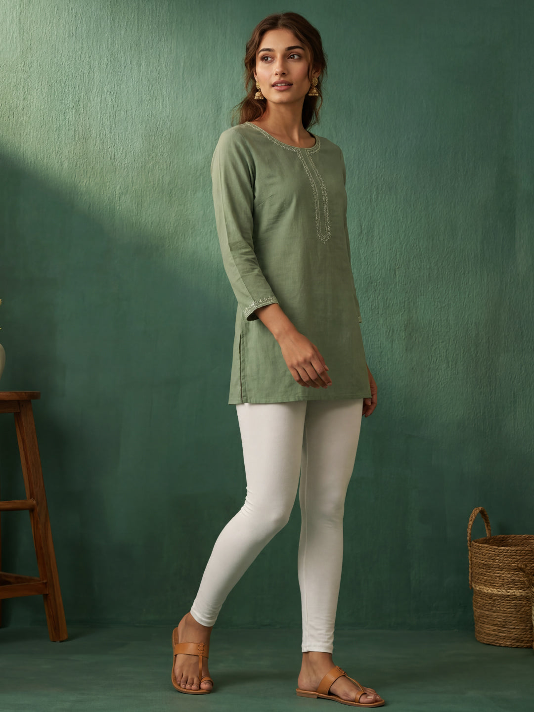 White Cotton Stretch Ankle Length Leggings