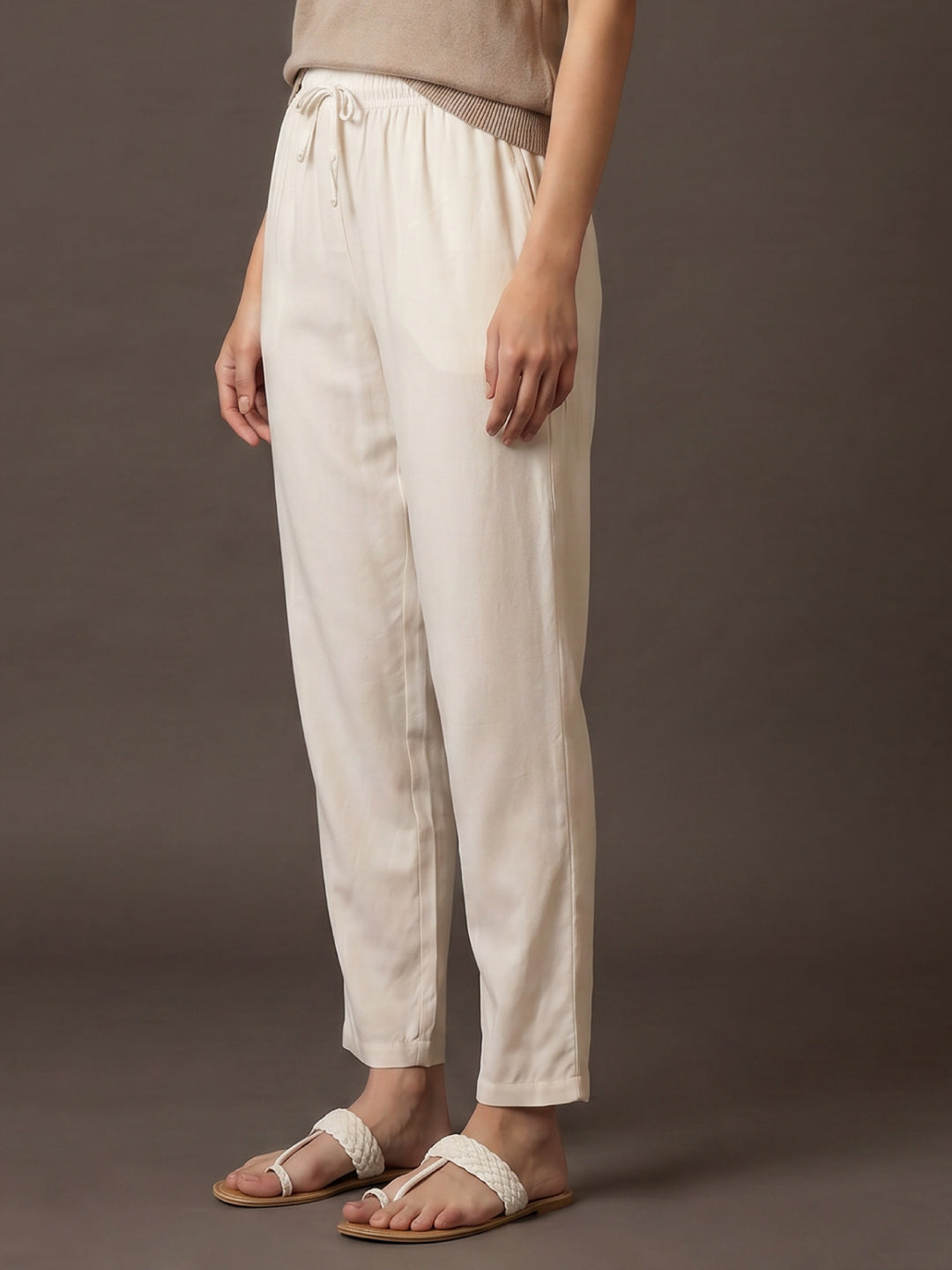 Ecru Woven Viscose Casual Pants