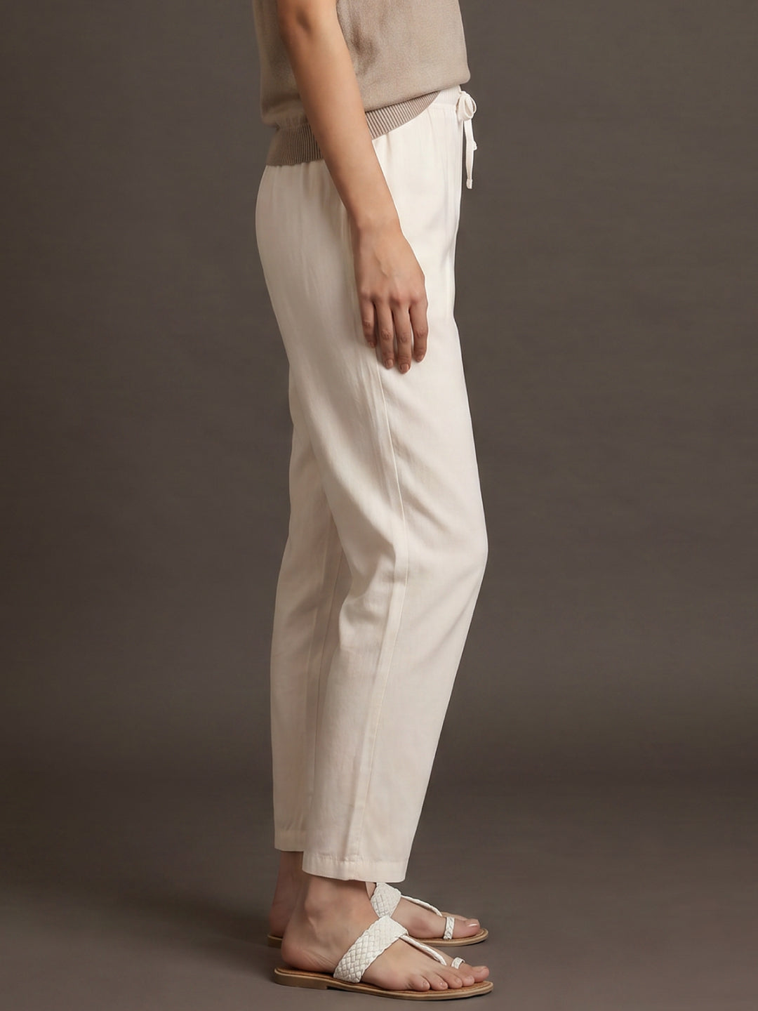 Ecru Woven Viscose Casual Pants