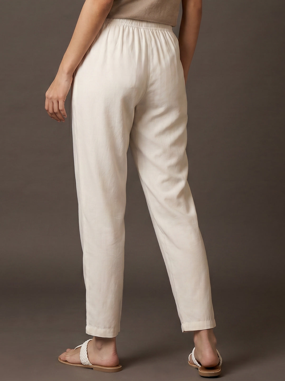 Ecru Woven Viscose Casual Pants