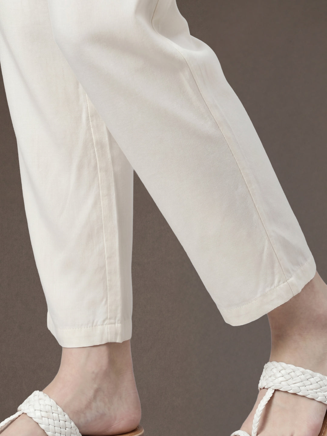 Ecru Woven Viscose Casual Pants