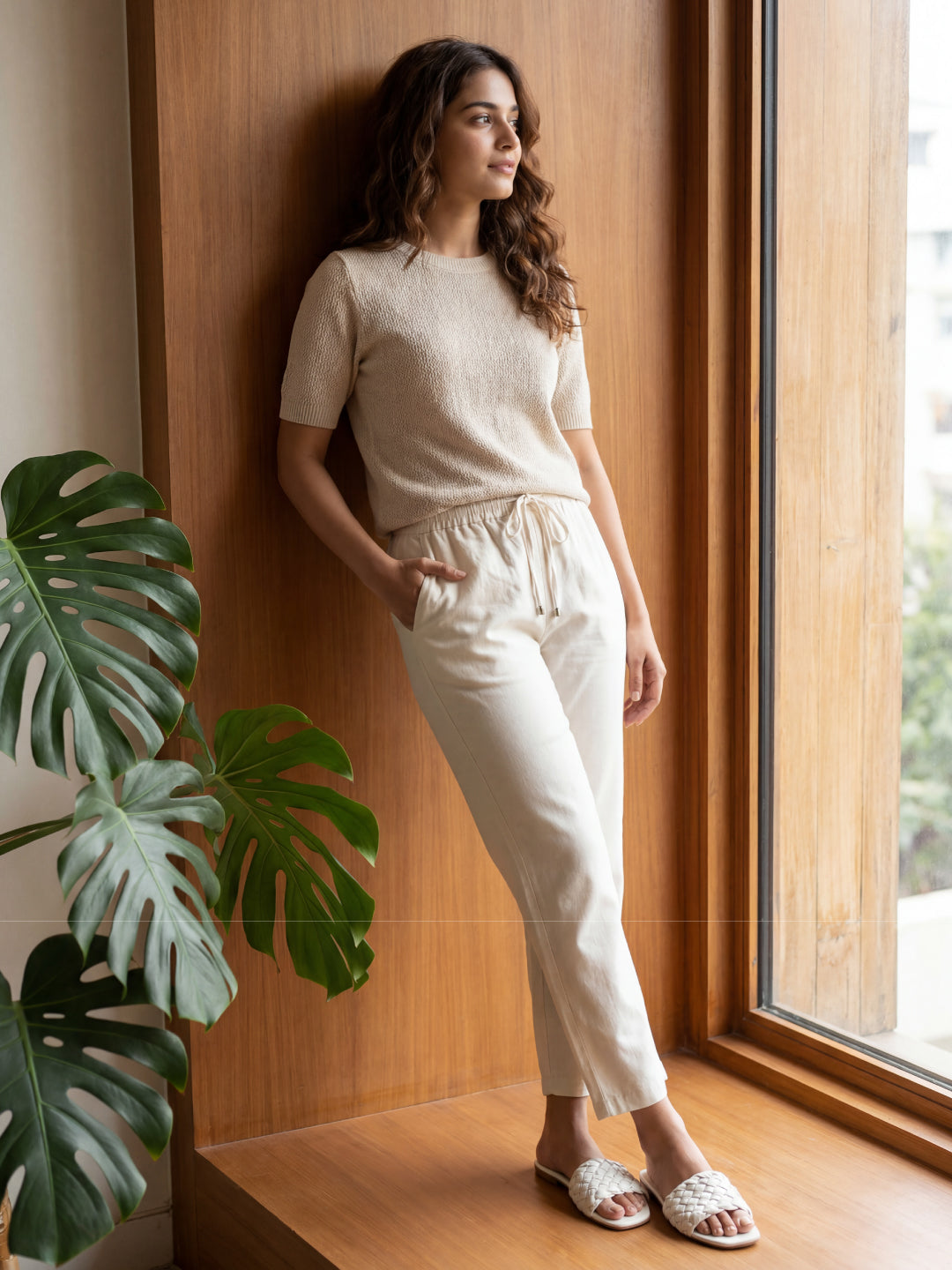 Ecru Woven Viscose Casual Pants