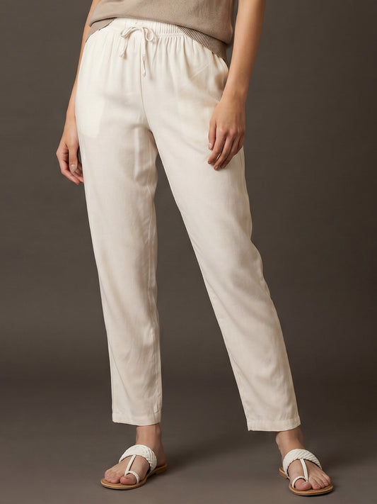 Ecru Woven Viscose Casual Pants