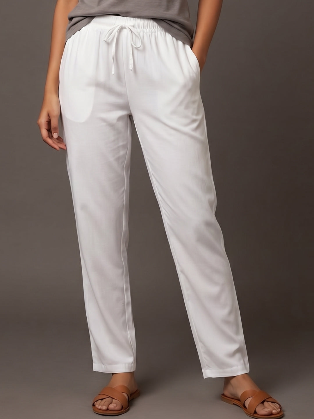 White Woven Viscose Casual Pants