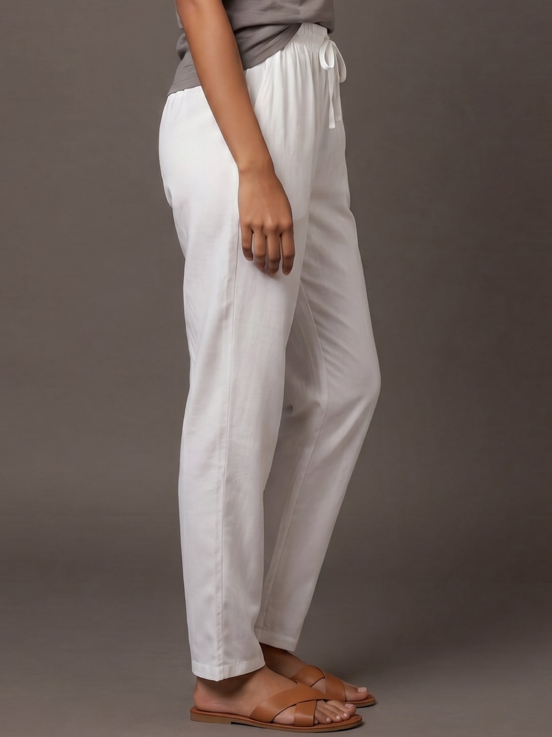White Woven Viscose Casual Pants