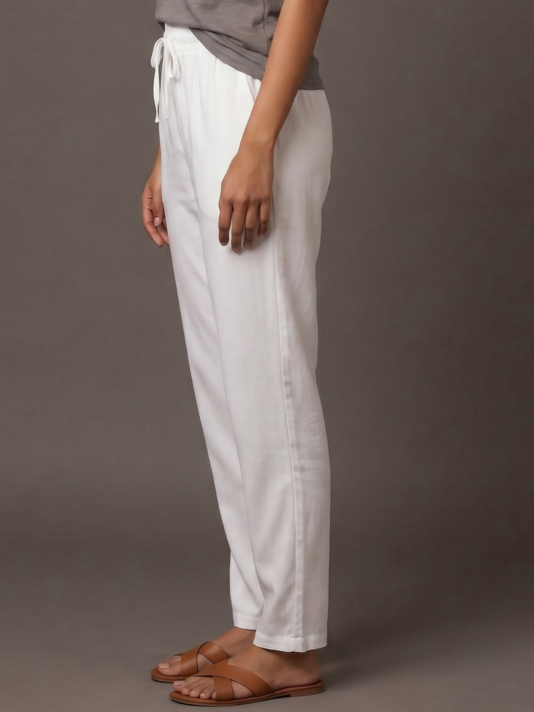 White Woven Viscose Casual Pants