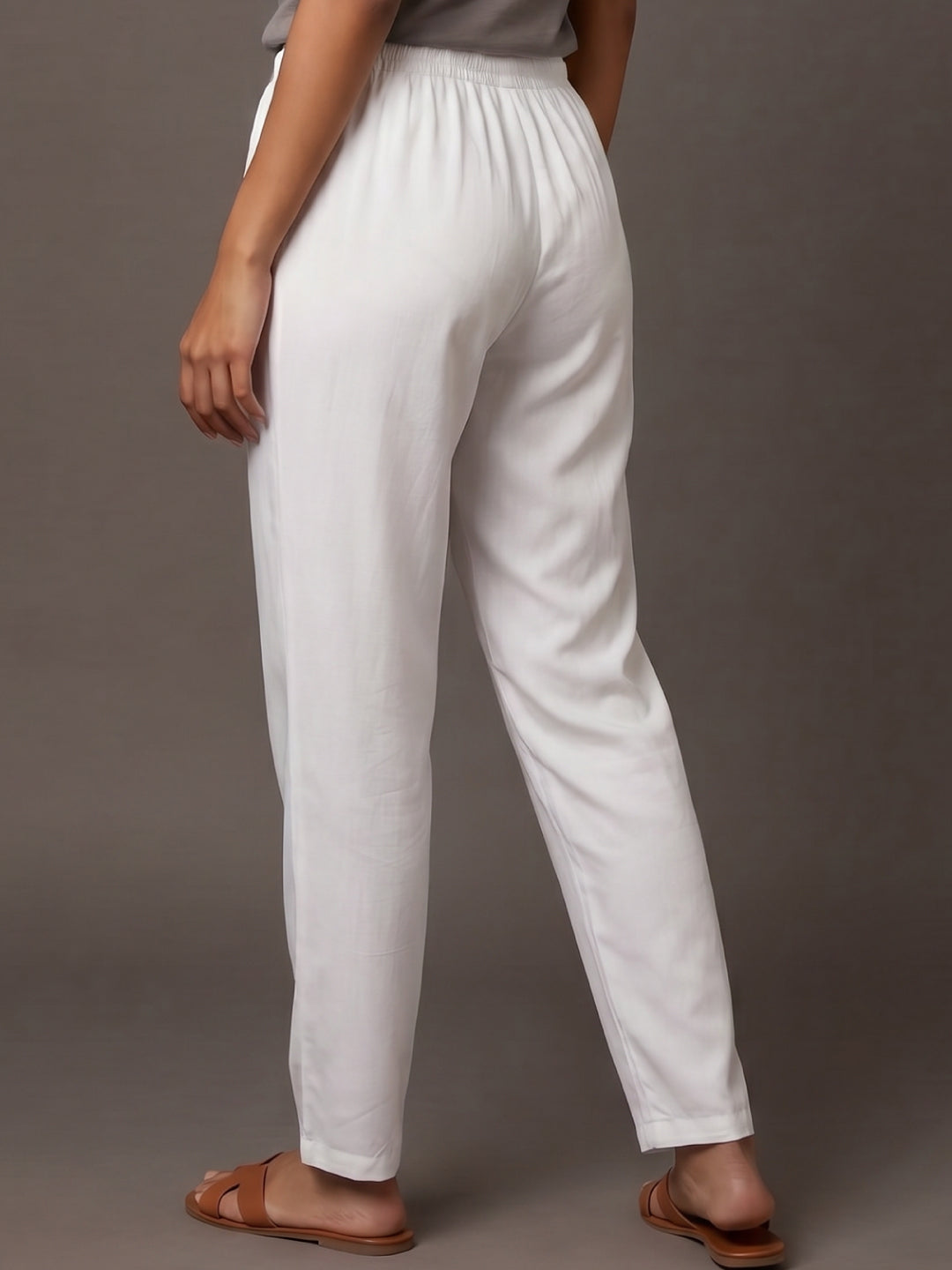 White Woven Viscose Casual Pants