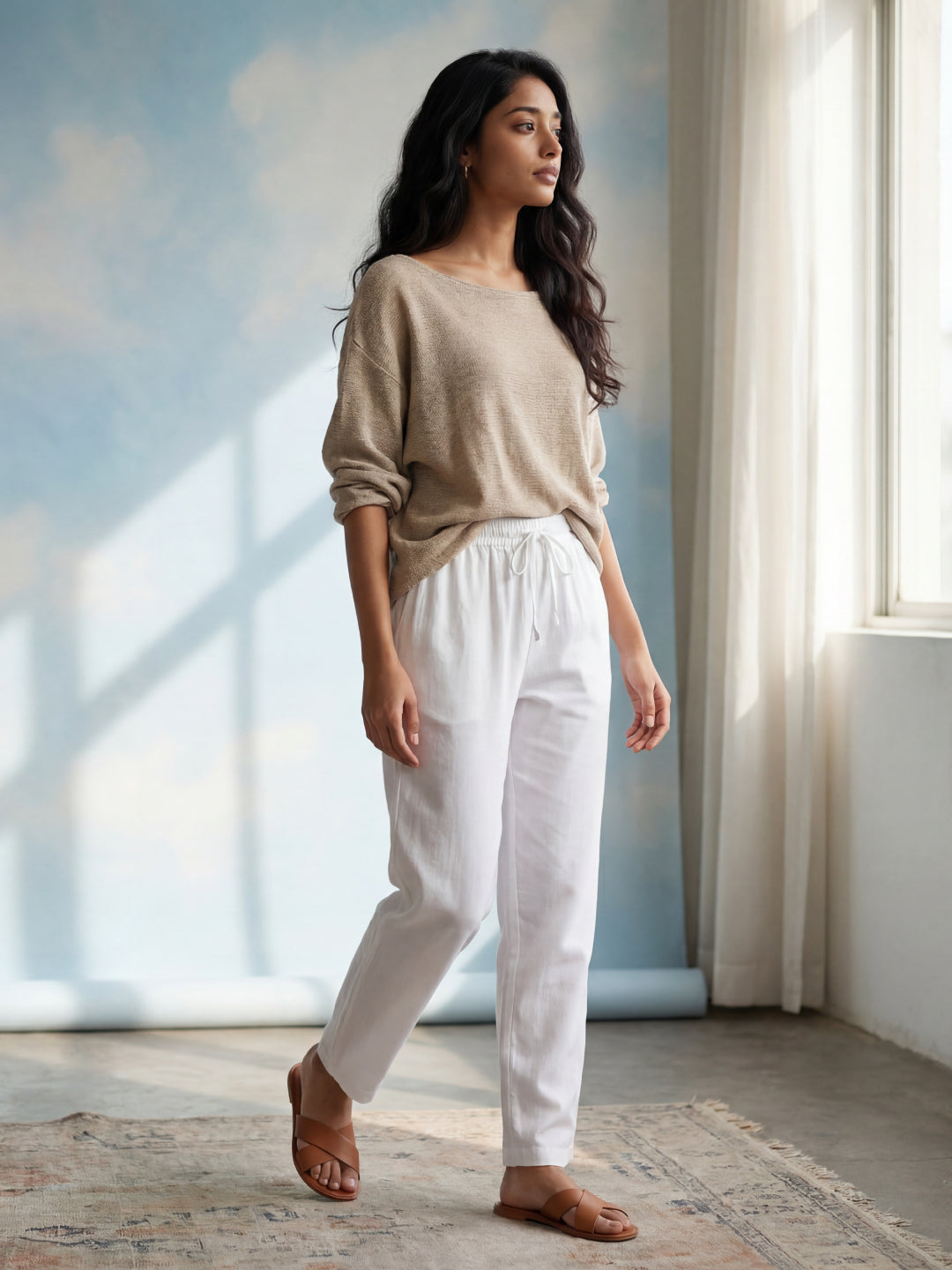 White Woven Viscose Casual Pants