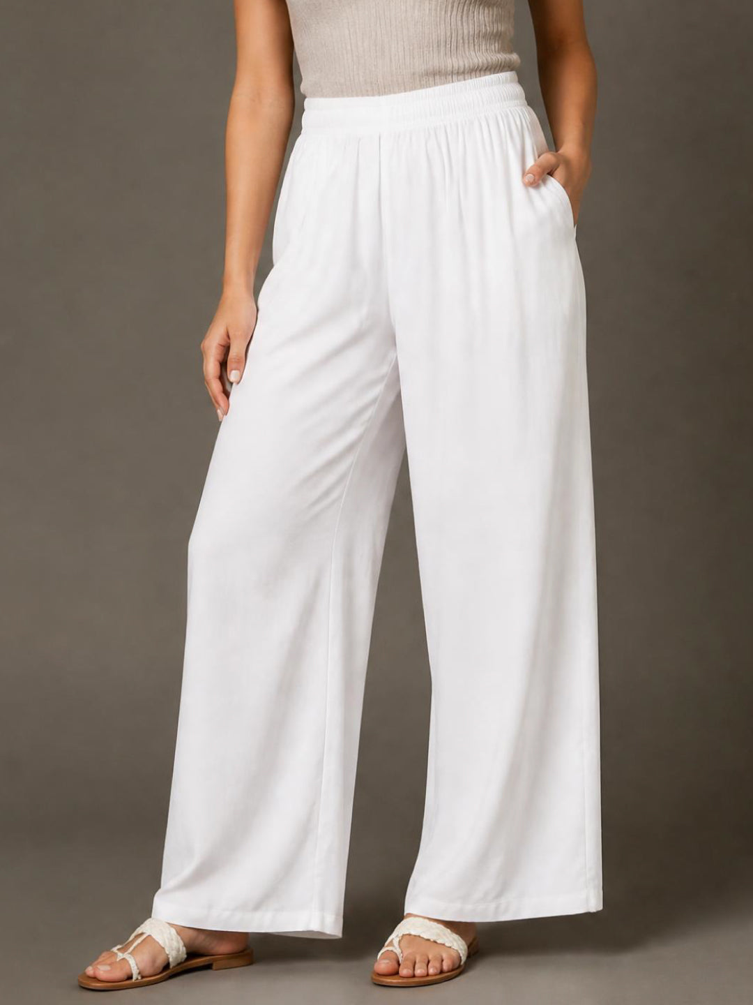 White Woven Viscose Basic Palazzo