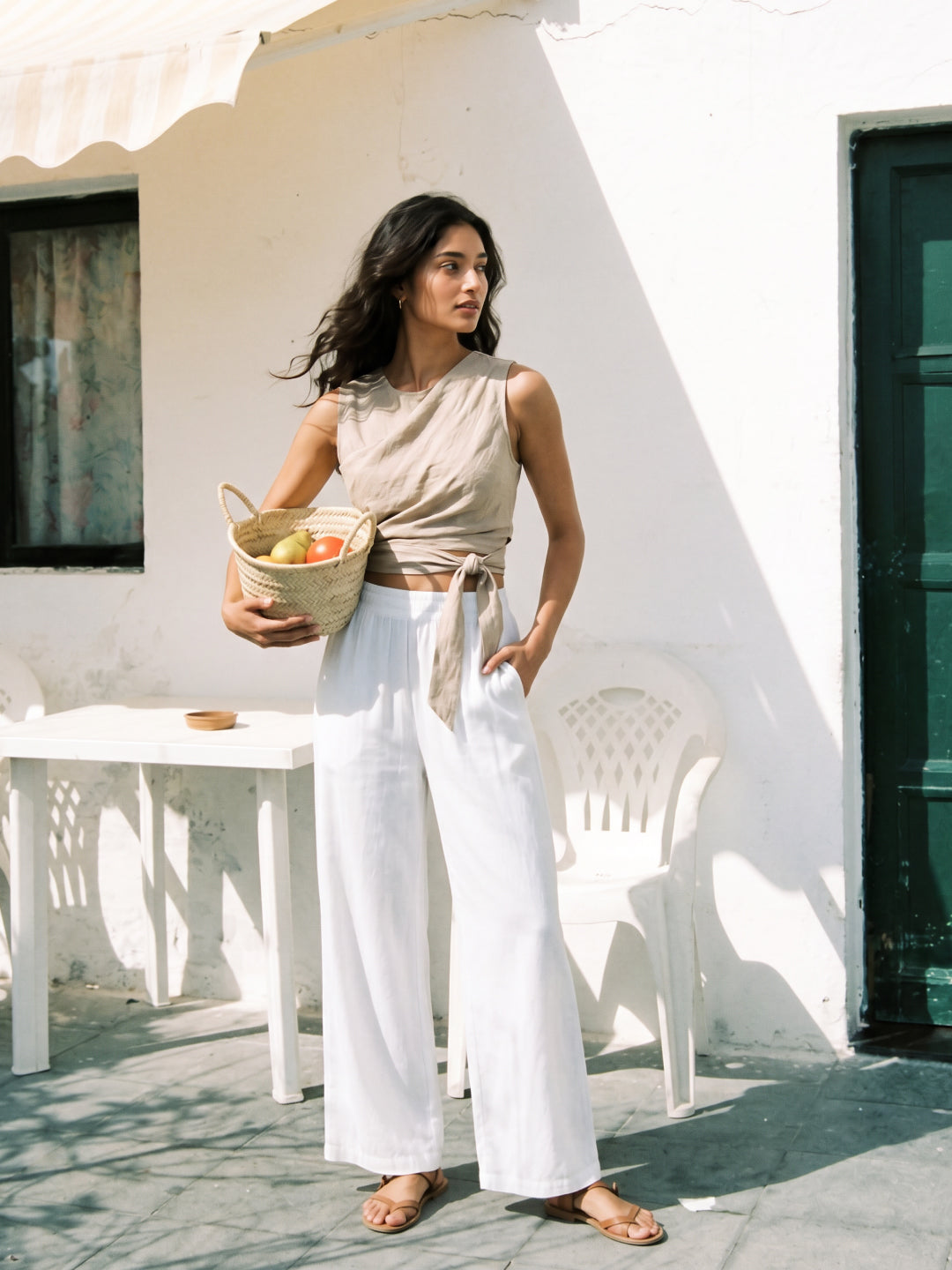White Woven Viscose Basic Palazzo