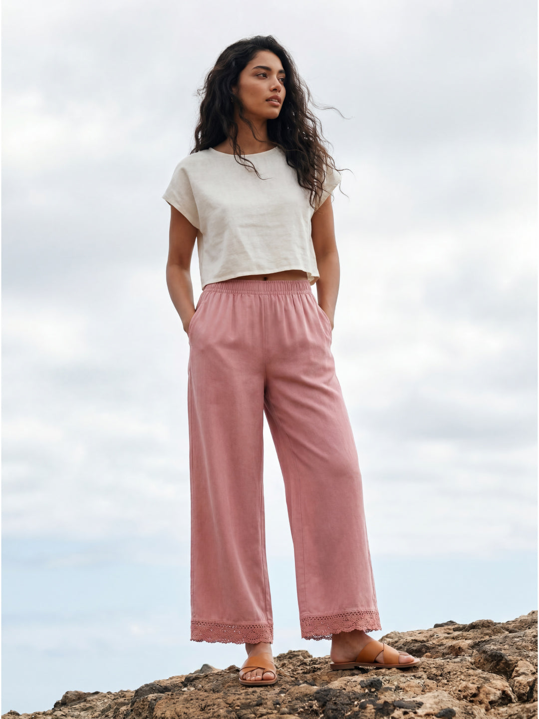 Baby Pink Linen Lace Palazzo