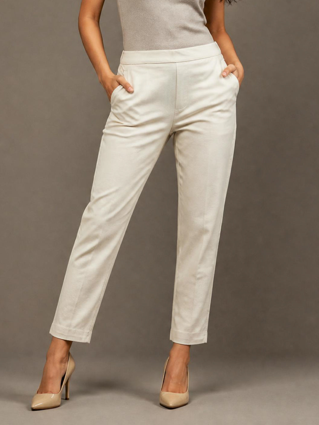 Cream Woven Cotton Stretch Chino Pants