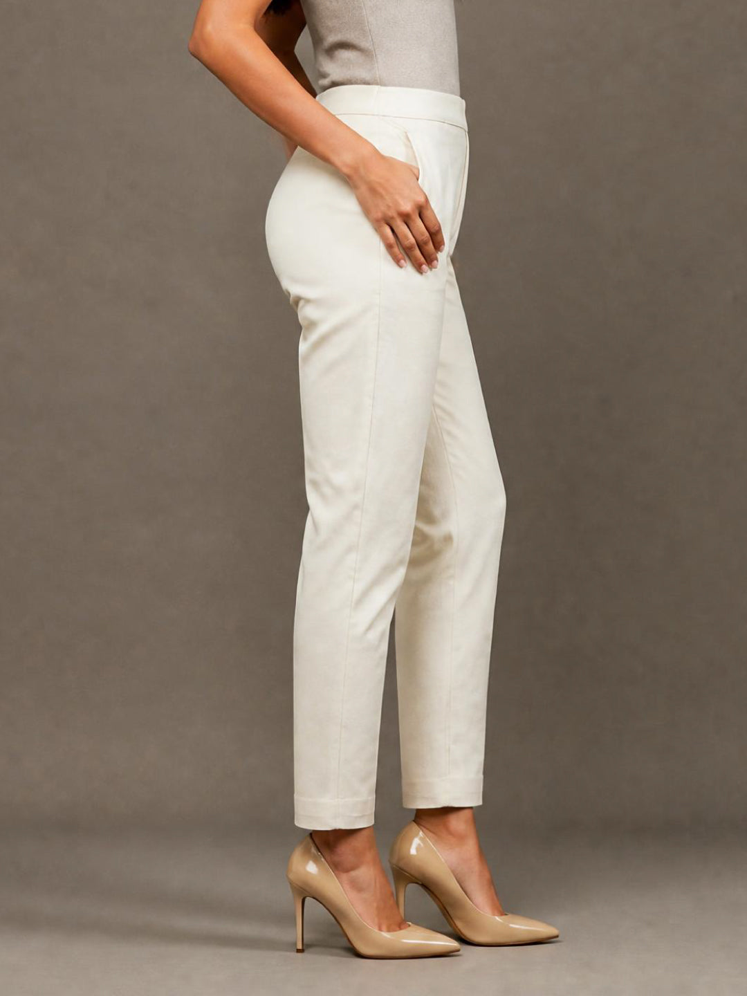 Cream Woven Cotton Stretch Chino Pants