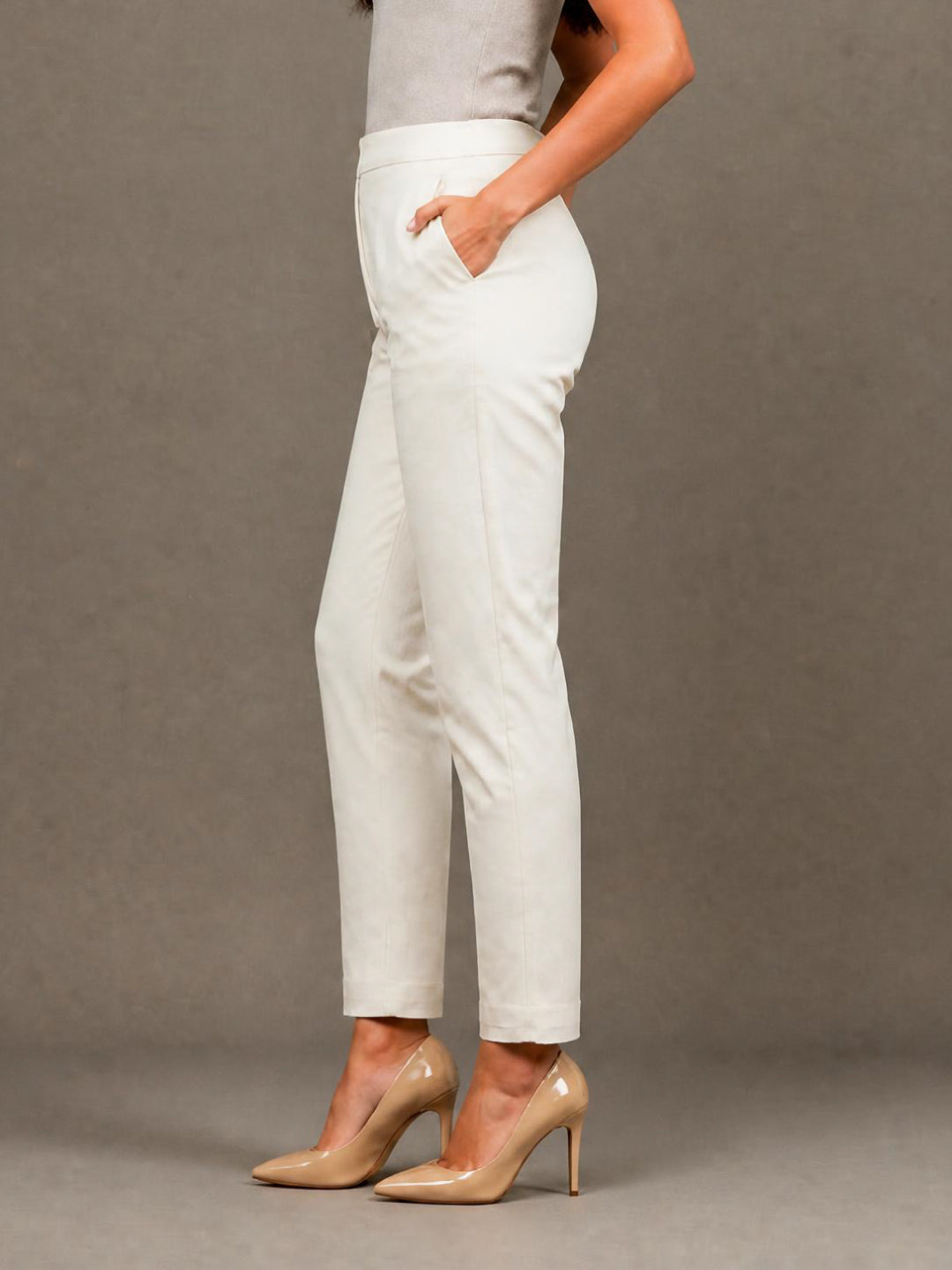 Cream Woven Cotton Stretch Chino Pants