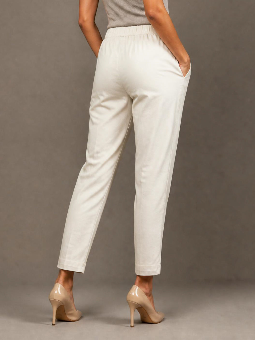 Cream Woven Cotton Stretch Chino Pants