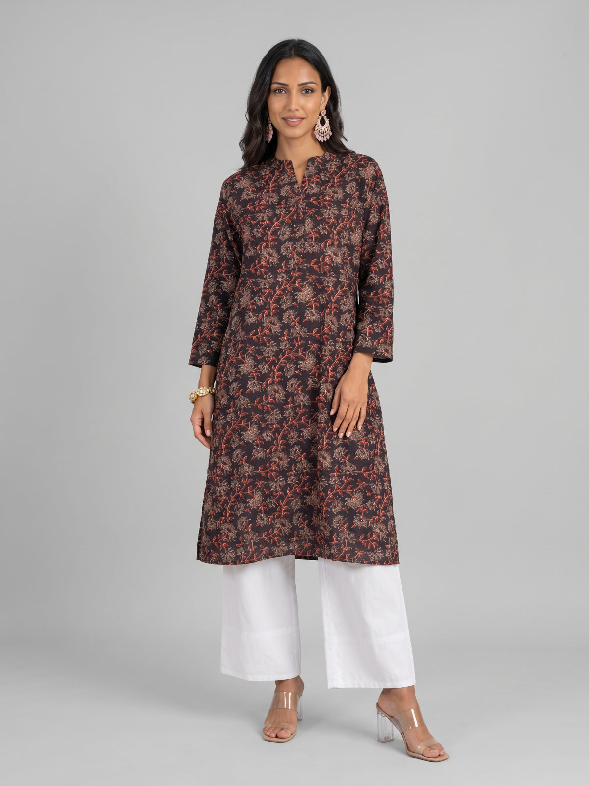 Cotton Black Floral Print Straight Kurta