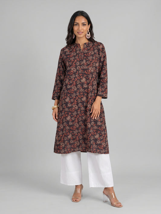 Cotton Black Floral Print Straight Kurta