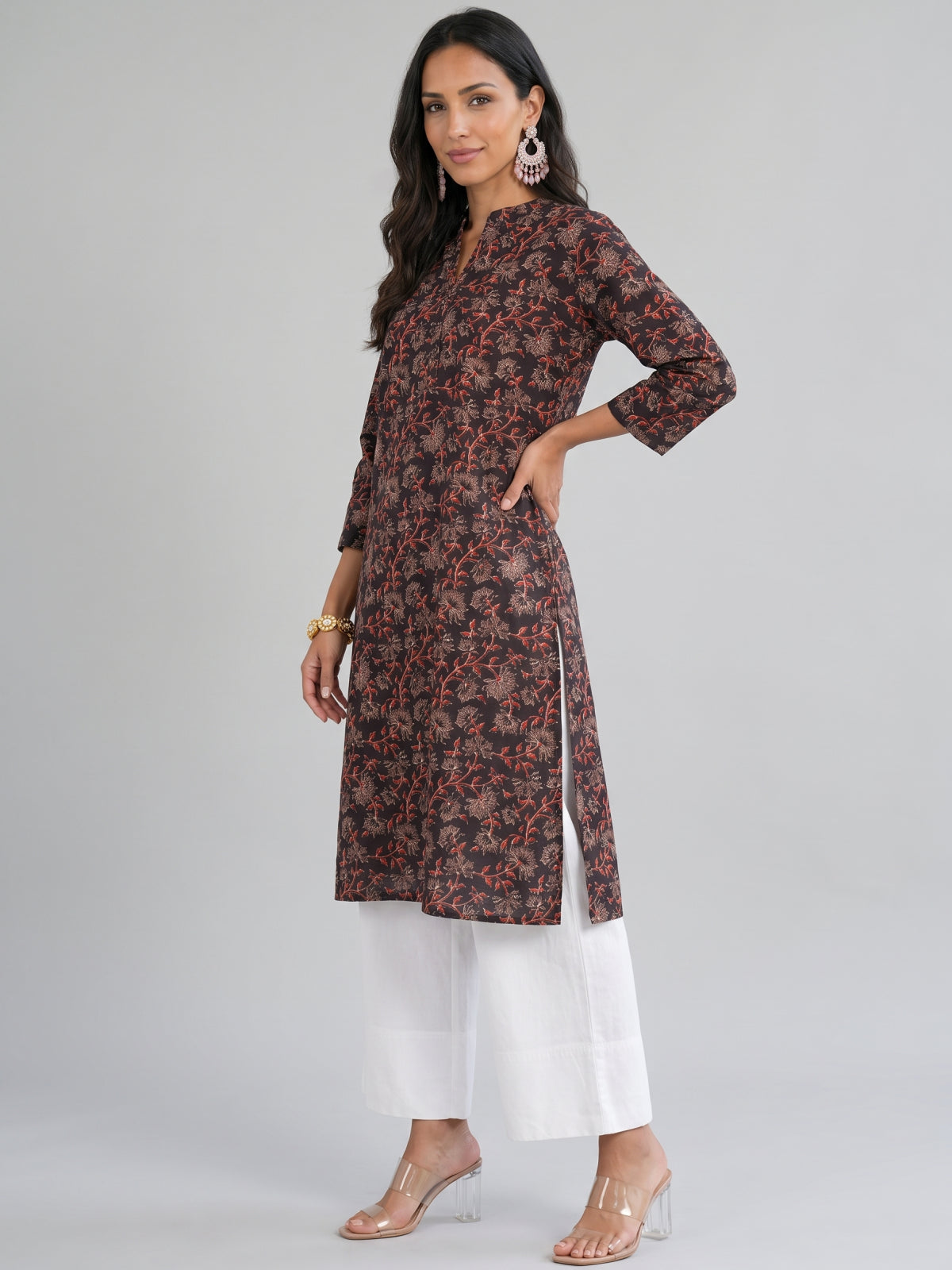 Cotton Black Floral Print Straight Kurta