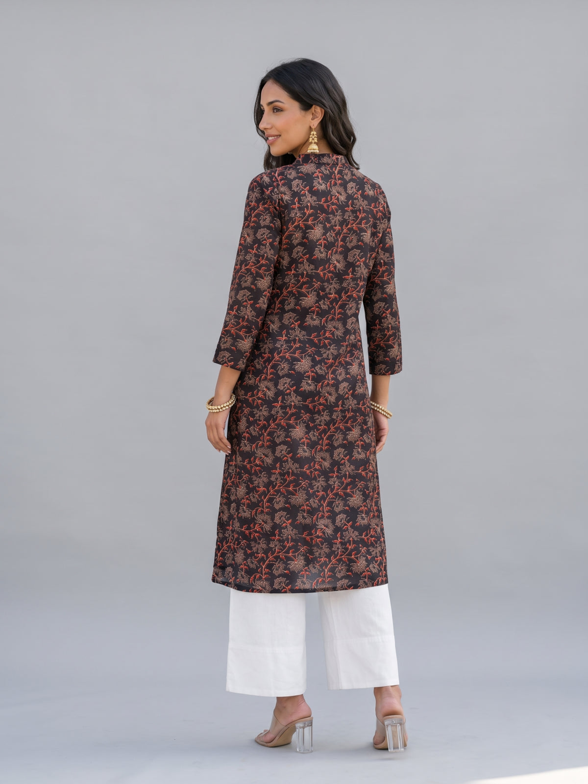 Cotton Black Floral Print Straight Kurta