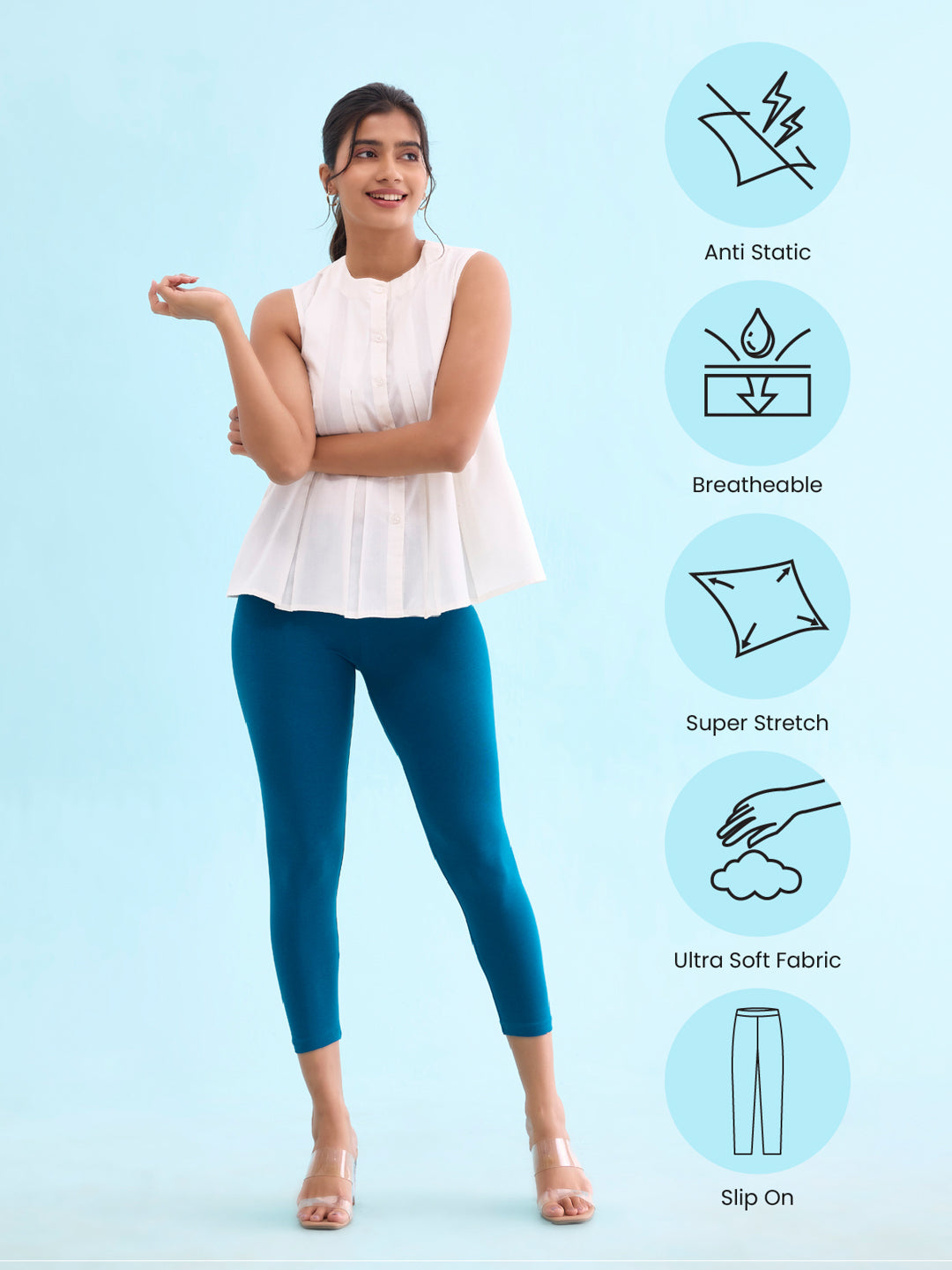 Turquoise Blue Cotton Stretch Cropped Leggings