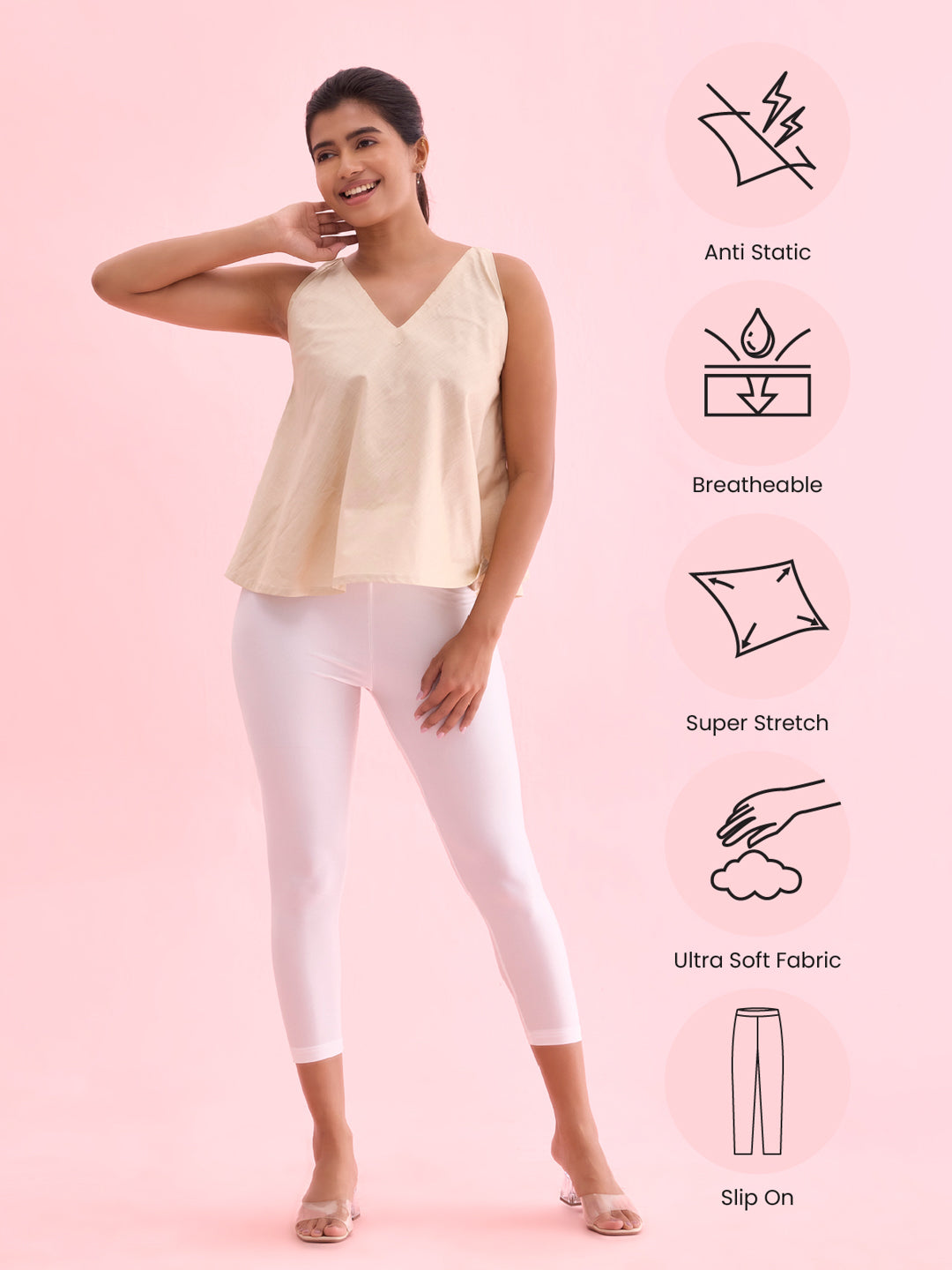 White Cotton Stretch Cropped Shimmer Leggings