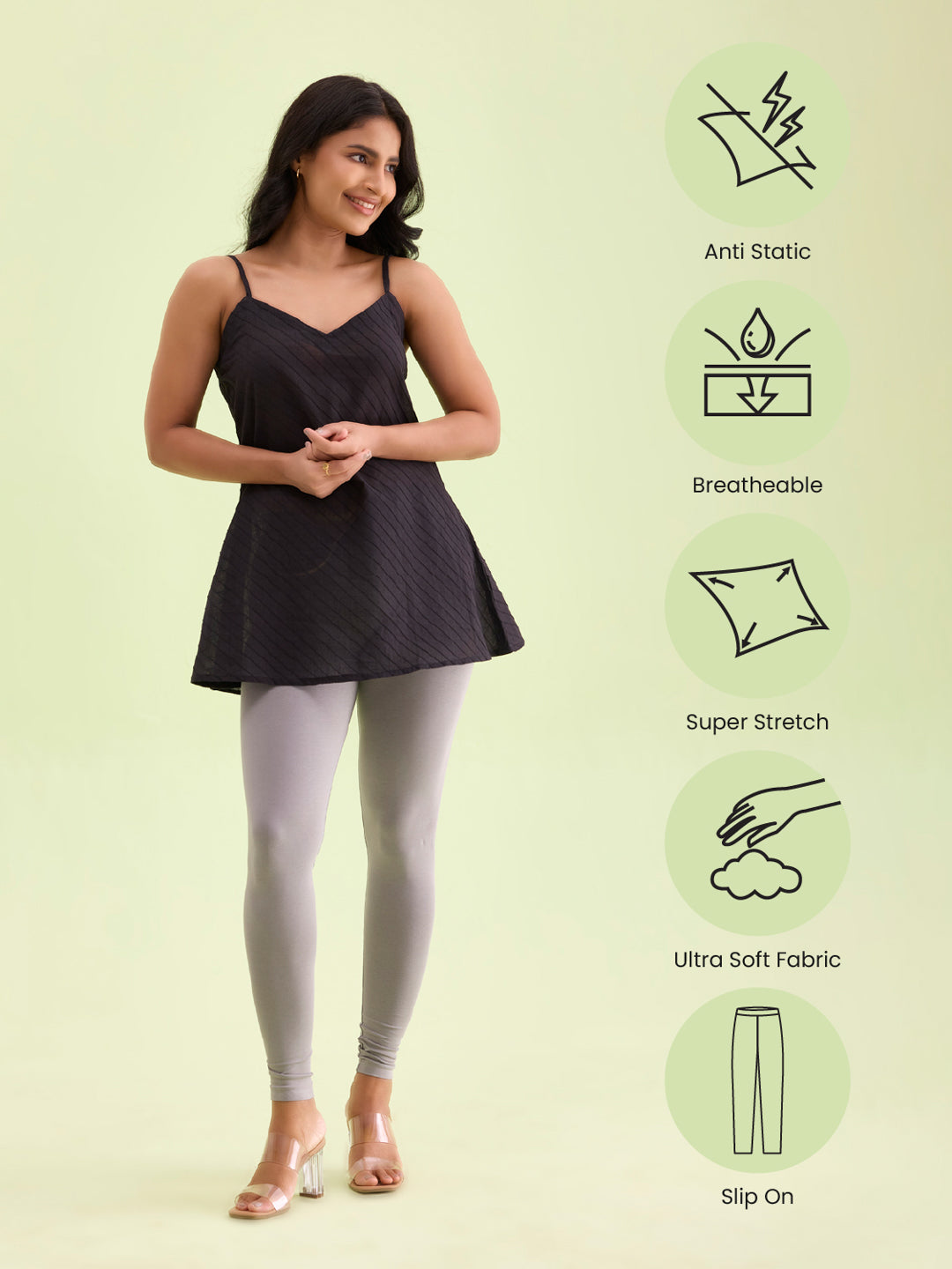 Ebony Grey Cotton Stretch Ankle Length Leggings