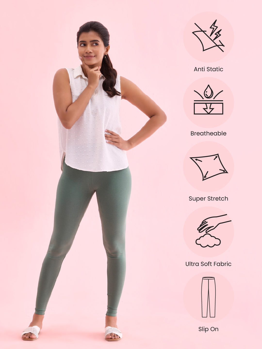 Leaf Green Cotton Stretch Ankle Length Leggings