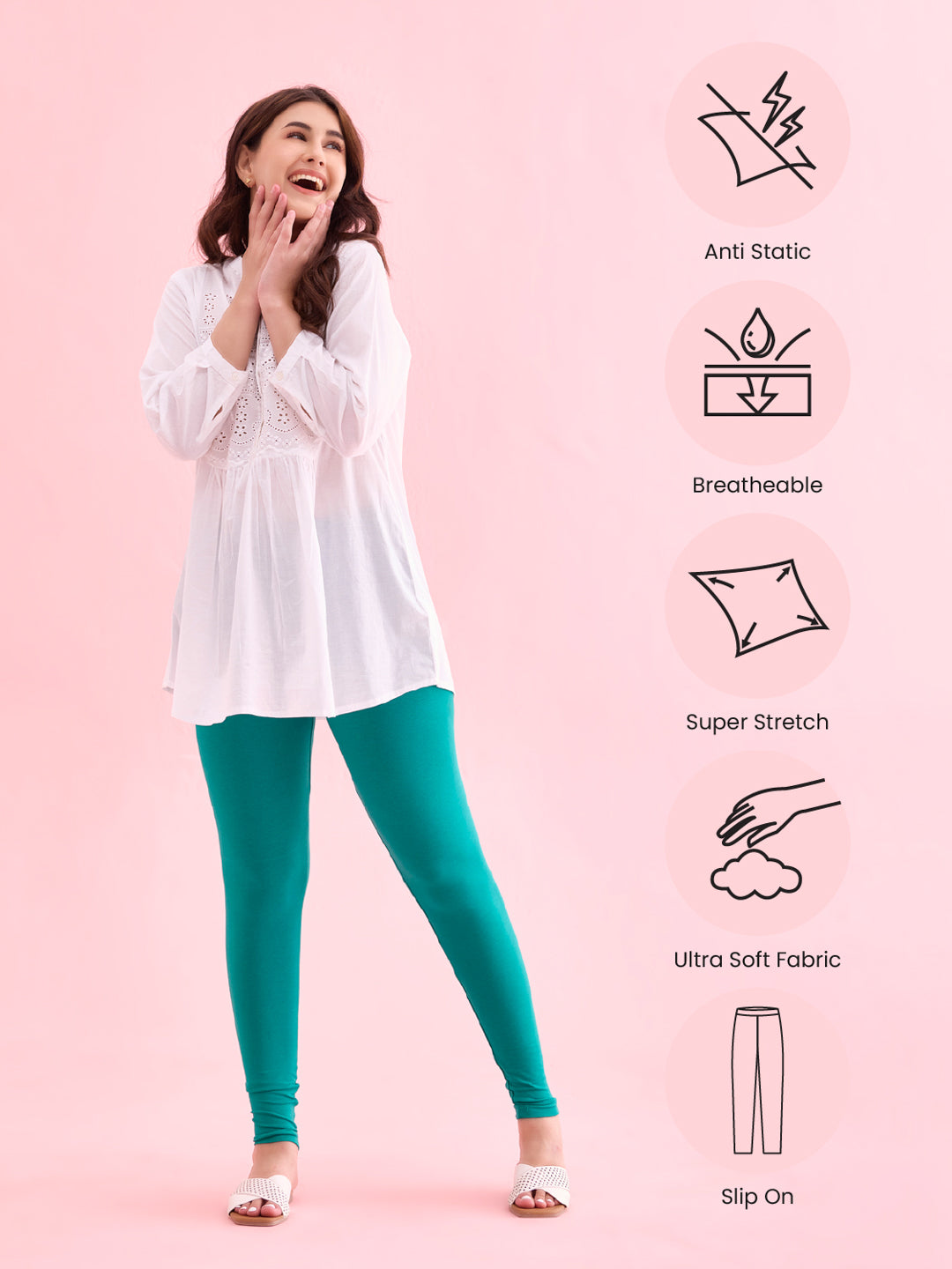 Peacock Green Cotton Stretch Ankle Length Leggings