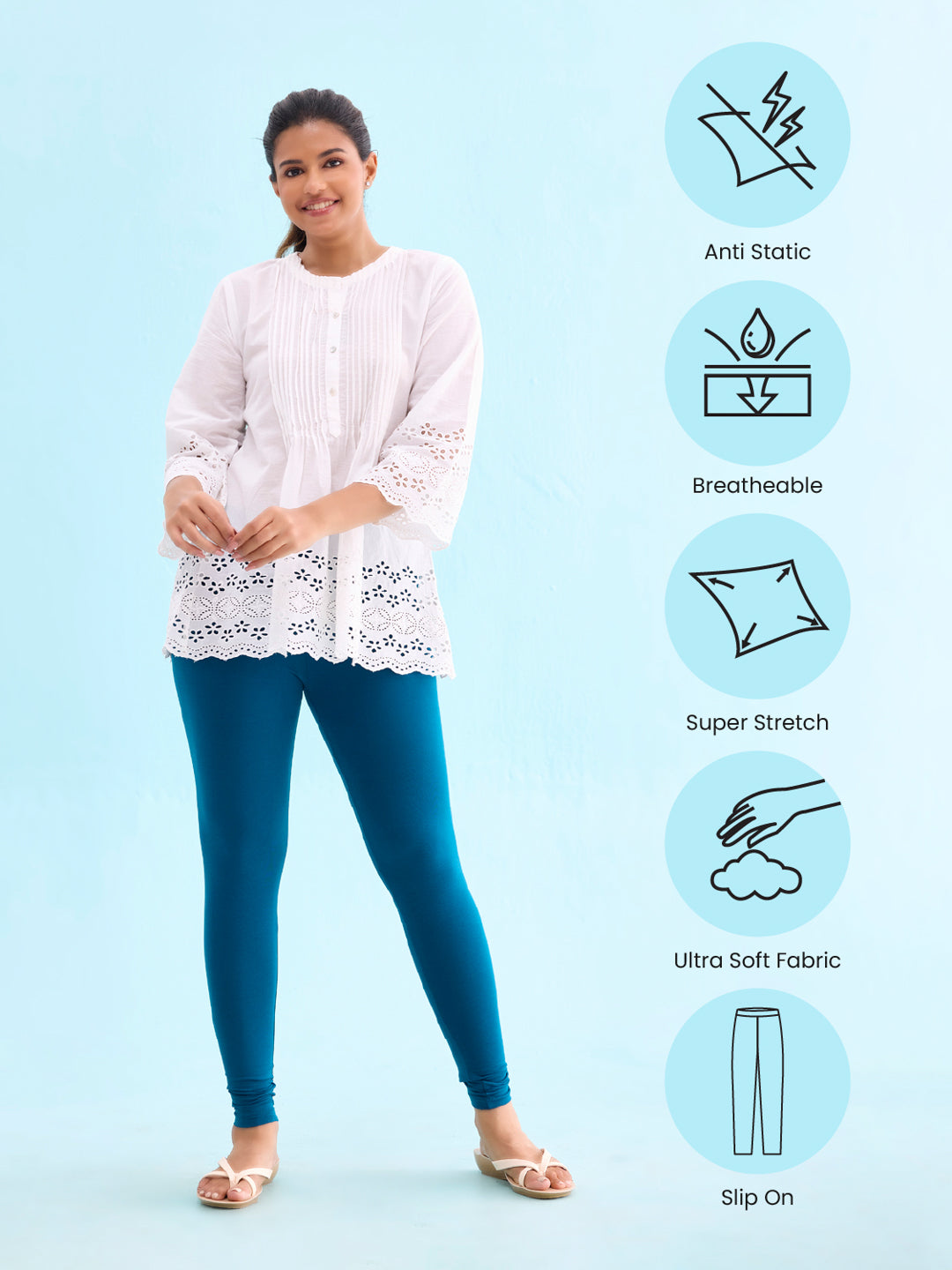 Turquoise Blue Cotton Stretch Ankle Length Leggings – Go Colors India