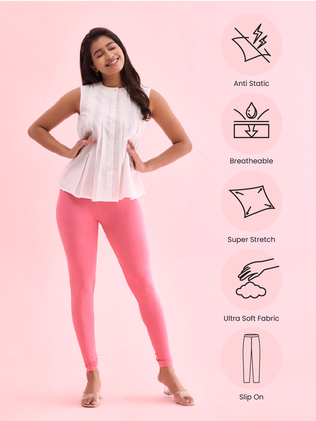 Young Pink Cotton Stretch Ankle Length Leggings – Go Colors India