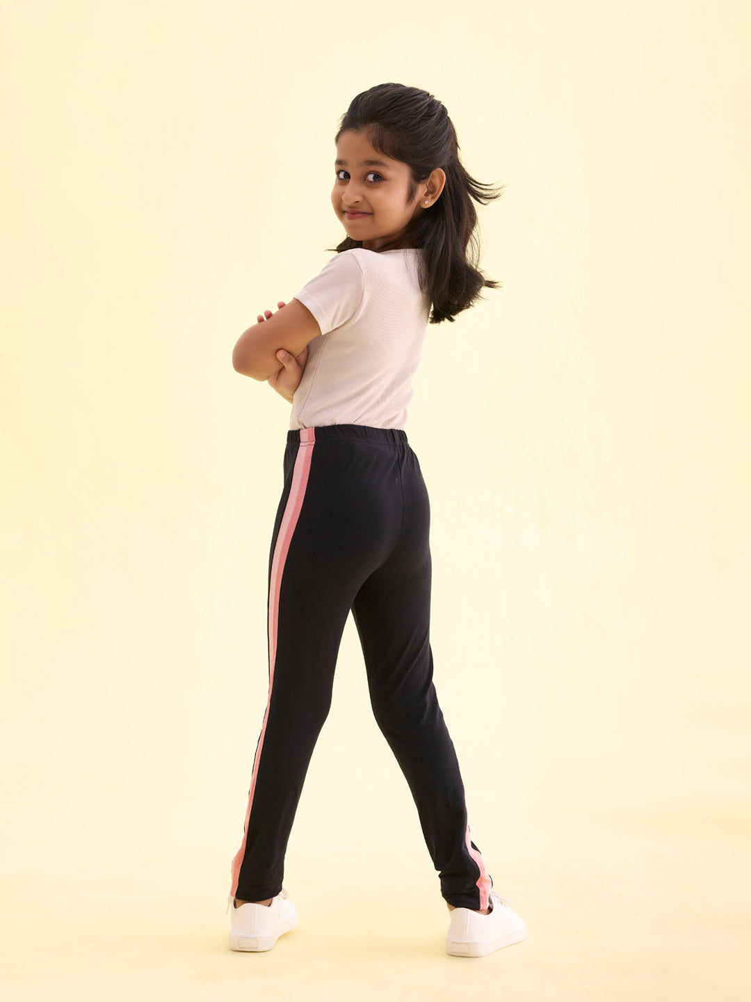 Black Cotton Stretch  Side Stripes Active Leggings